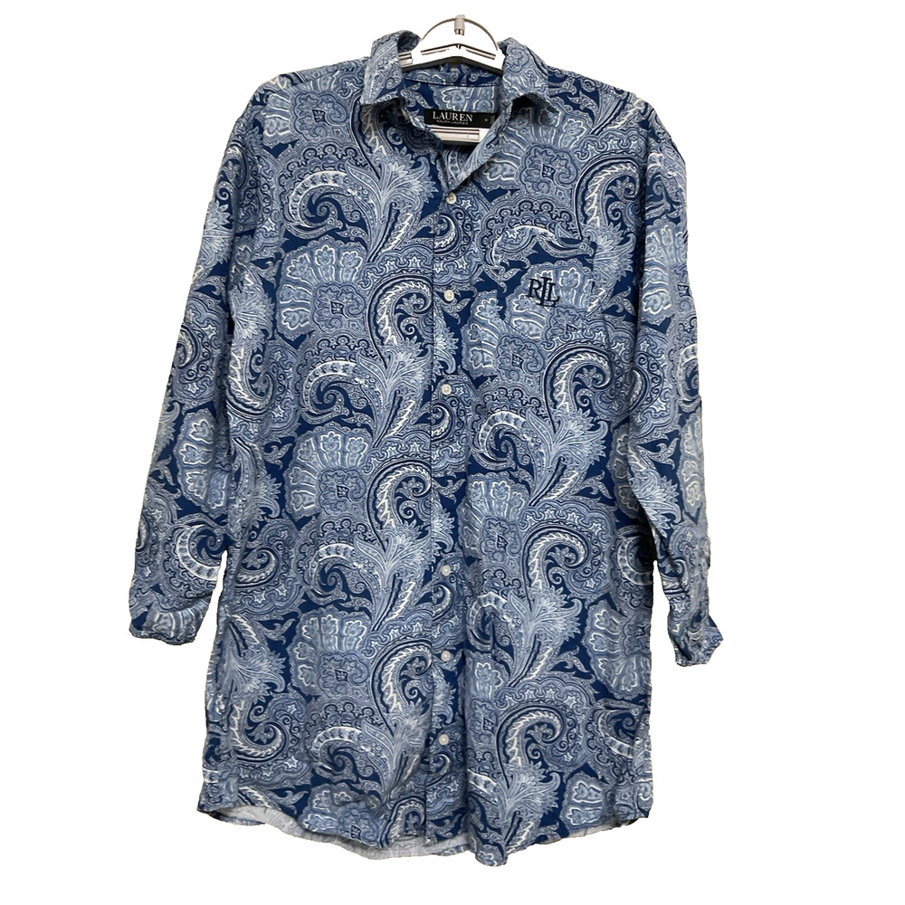 Lauren Ralph‎ Lauren Dress BLUE Paisley Button Down Shirt Dress Oversized SMALL